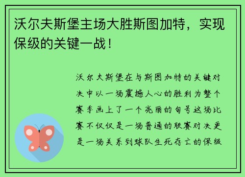 沃尔夫斯堡主场大胜斯图加特，实现保级的关键一战！