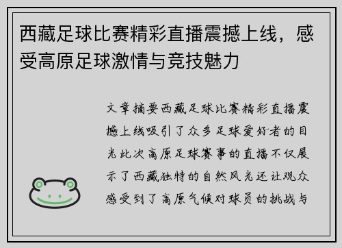 西藏足球比赛精彩直播震撼上线，感受高原足球激情与竞技魅力